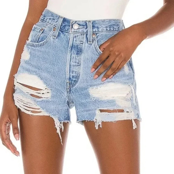 Levi's Light Blue Distressed Jean Shorts - Picture 6 of 13